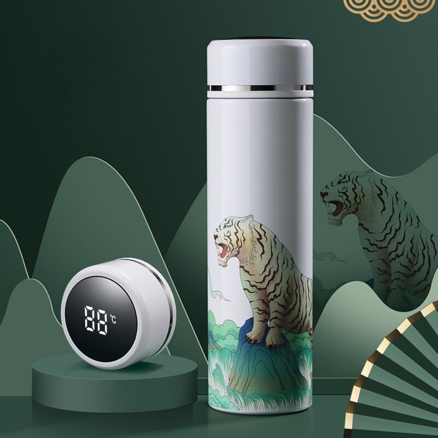 Insulated Coffee Tea Travel Thermos Mug Water Bottle with Removable Strainer and Temperature Featuring Chinese Art Design - 16.9 fl oz (White Tiger)