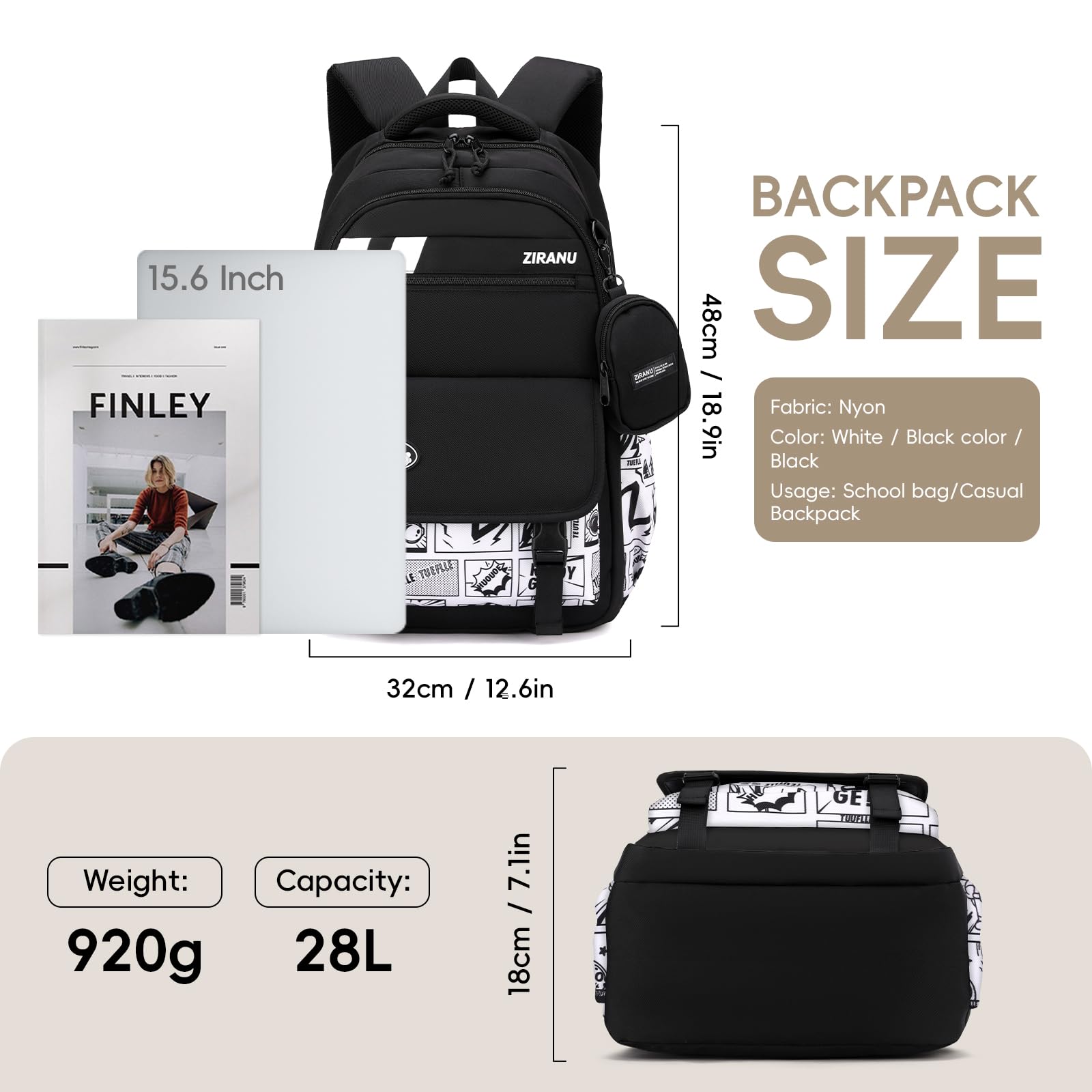 Amythe Schulrucksack Jungen Teen 8-15 Jahre Modern Robust, Weiß Buchstaben | Wasserdicht Reflektierend Leicht Ergonomisch Weiß Buchstaben Daypack Multitasche Geräumig für Schule Reisen Wandern