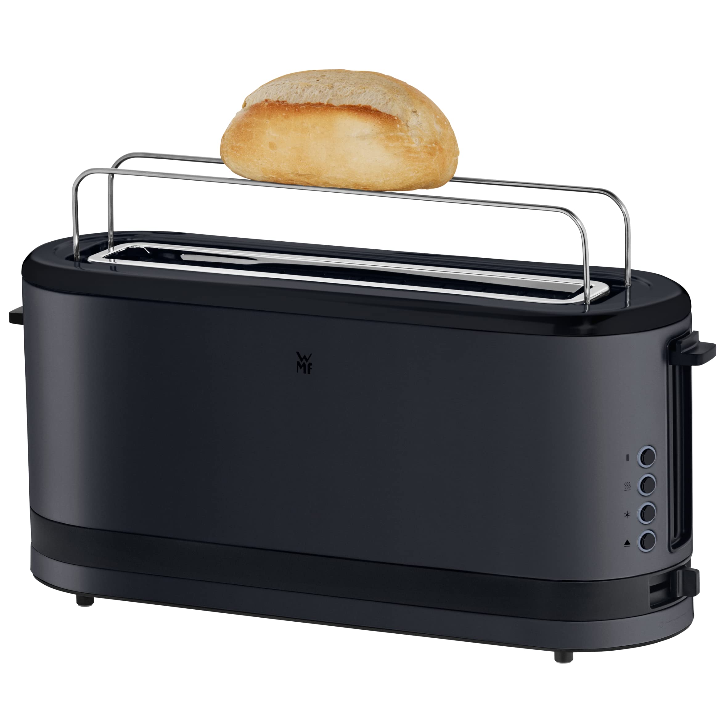 WMF Küchenminis - Tostapane a taglio lungo, 2 fette con inserto per panini, misura XXL, funzione bagel, 7 livelli di doratura, 900 W, tostapane in acciaio inox opaco, nero