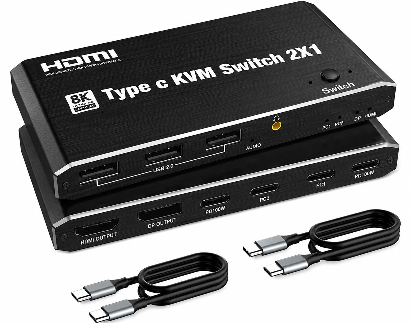 Tobo 2x1 USB-C KVM Switch, HDMI DP KVM Switch USB Switch for 2 Computers Sharing Mouse Keyboard Printer to One HD Monitor, Support 8K@60Hz, 2 USB-C Cables Included TD-1020H-image-27