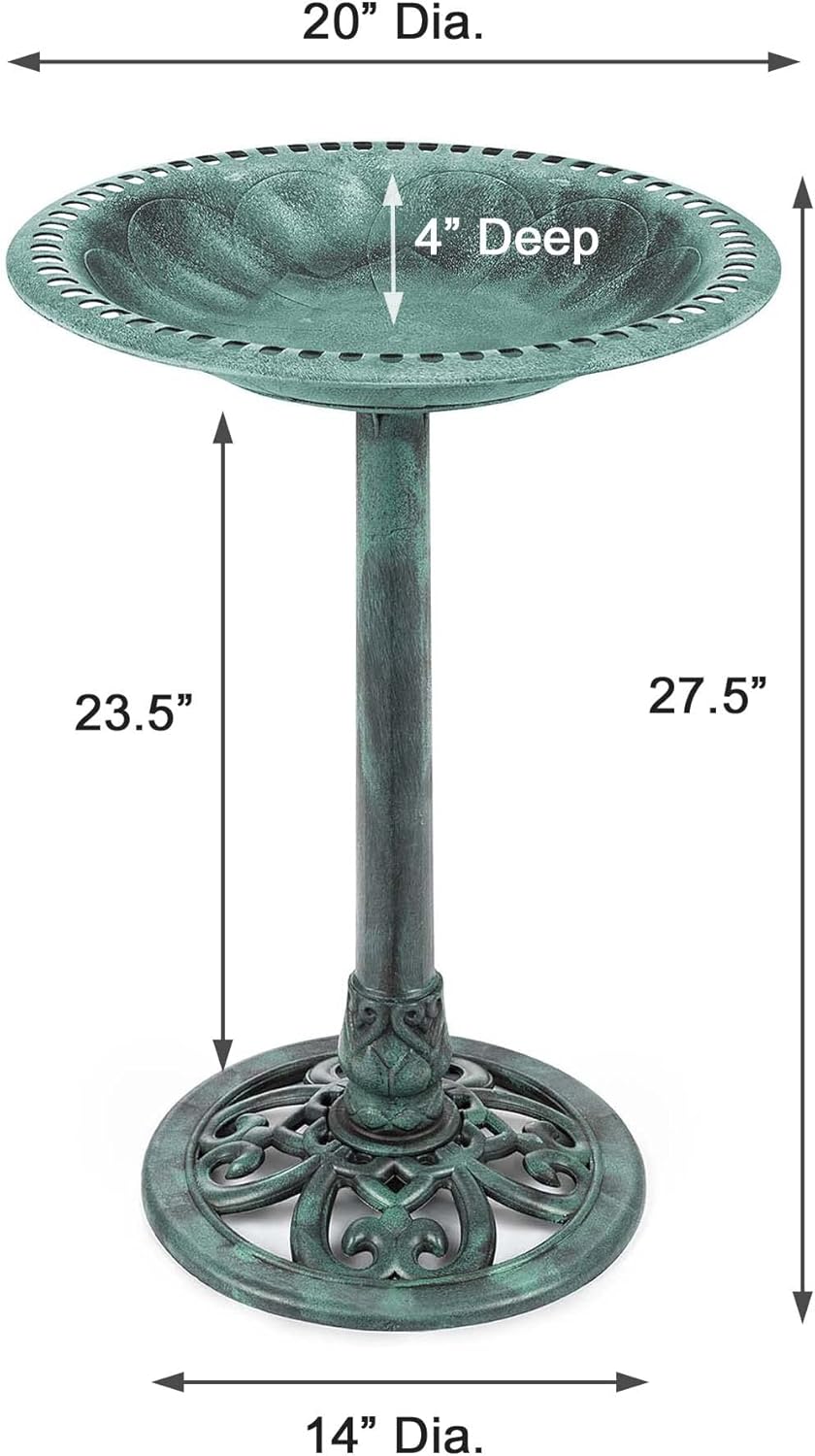 Westcharm 28 Inch Lightweight Verdigris Green Poly Resin Outdoor Birdbath for Outside with Decoration Pedestal Base Stand - Pedestal Bird Bath for Outdoors Yard and Garden