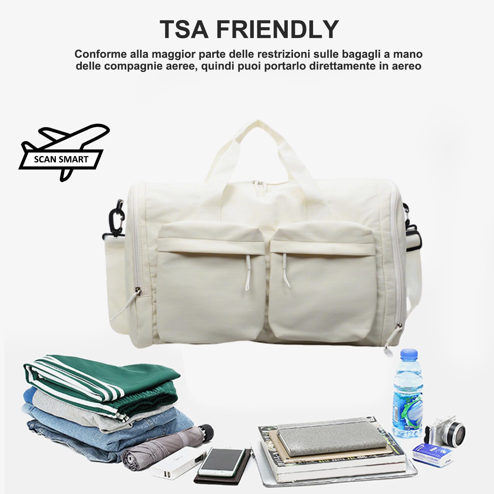 Balakaka Borsone da Viaggio Pieghevole 44x23x28cm, Portatile Borsone Palestra Sportiva con Multitasche, Grande Capacità Borsa da Viaggio con Cerniere e Manici, Grigio