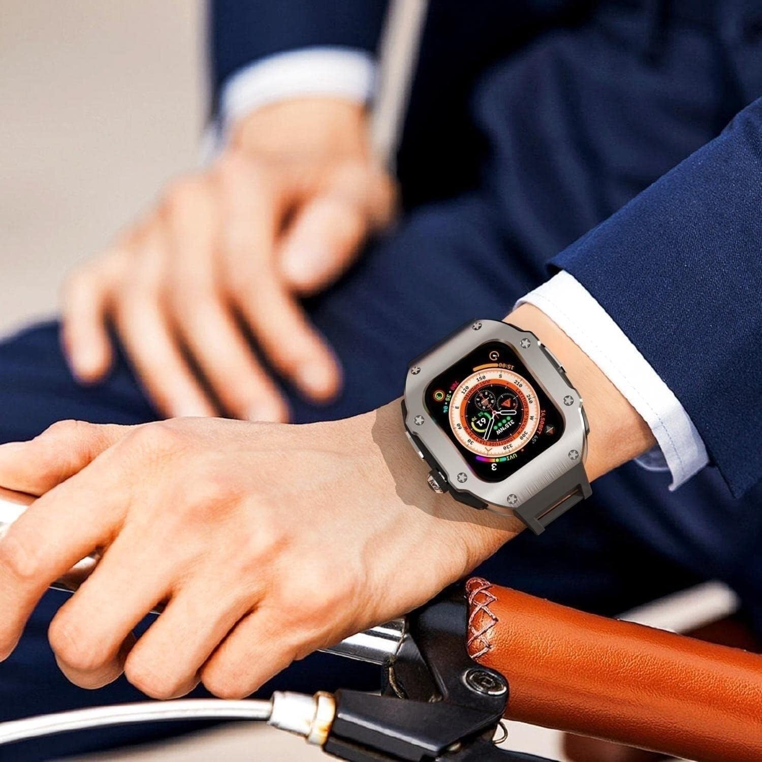 Titanium Alloy Watch Case Soft Rubber Exercise Band，For Apple Watch Ultra 49mm Series Watch，Rm Style Fluoroelastomer Strap And Butterfly Clasp Full Protection Bezels Mod Kit