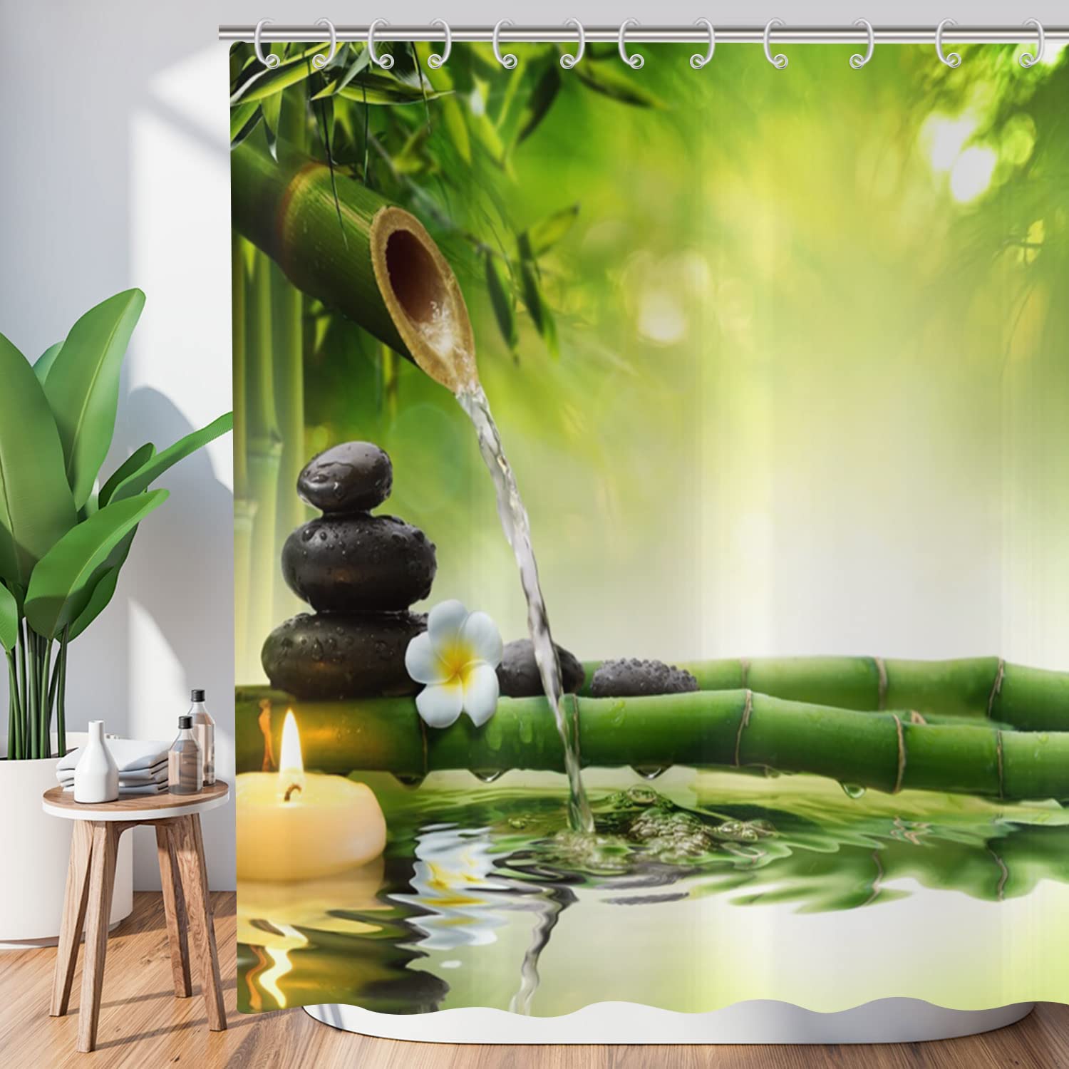 Hnmdmyi Zen Garden Shower Curtain 180x240, Spa Green Bamboo Black Stone White Flower Bathroom Curtains Japanese Meditation Relaxing Waterproof Polyester Fabric Washable Bath Curtains with Hooks — image 1