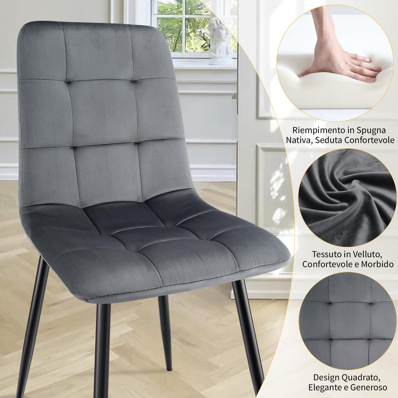 JIJIAN Set di 6 Sedie da Sala da Pranzo, Sedie da Cucina con Tessuto di Velluto e Gambe in Metallo Nero, Sedia Imbottita con Capacità di Carico di 120 kg, Grigio Scuro