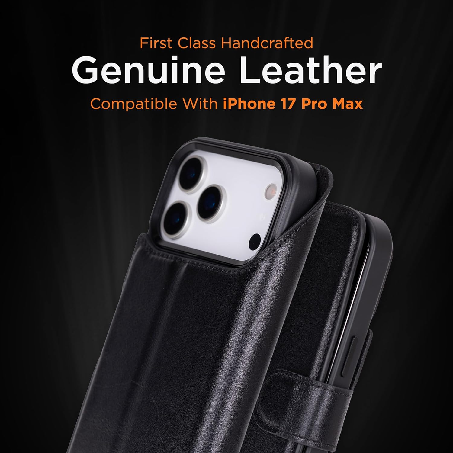 Bayelon Wallet Case for iPhone 17 Pro Max | 6.9", Full Grain Leather Wallet Case, Detachable Magnetic Flip Cover, Card Holder, MagSafe Compatible, RFID, Genuine Leather Phone Case (Rustic Black)