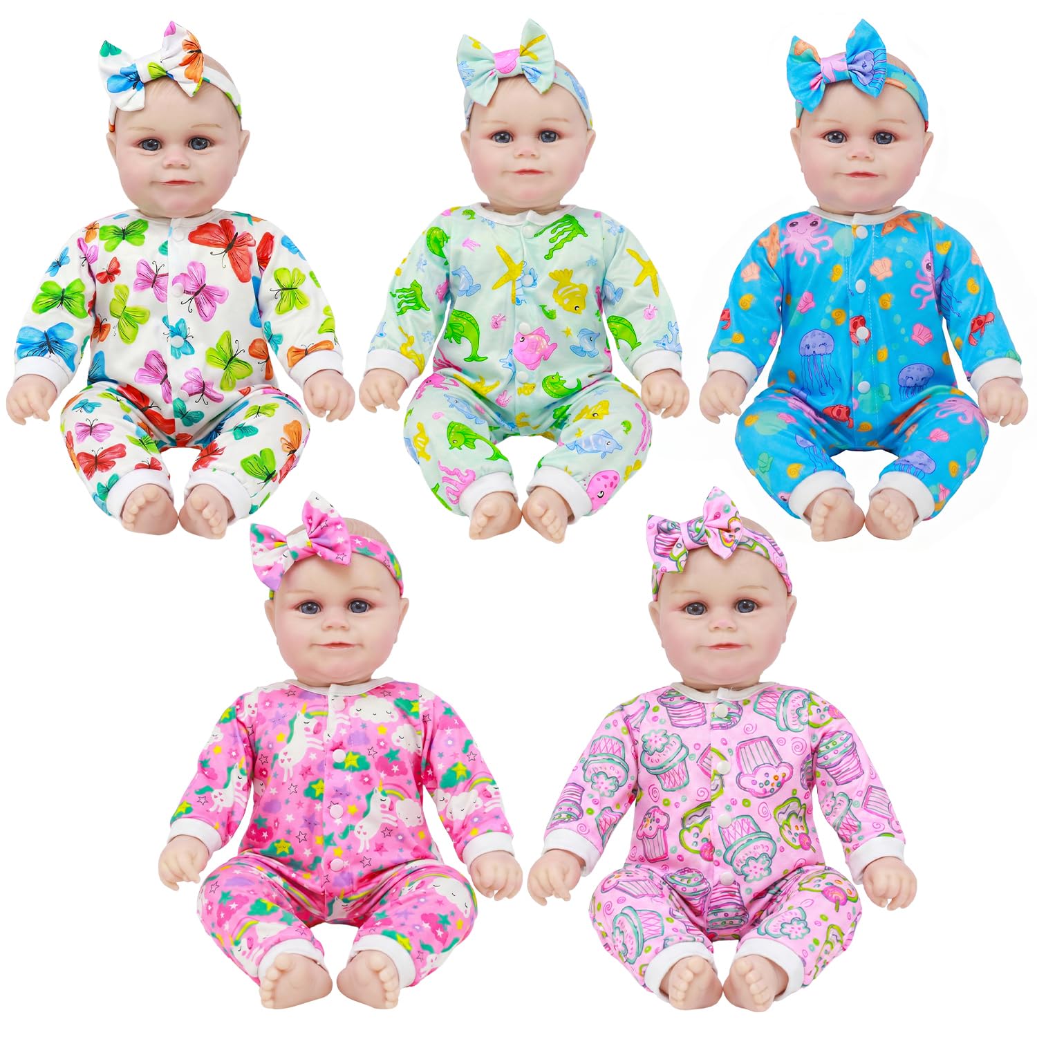 5 Sets Reborn Baby Doll Clothes & Accessories for 17-22 Inch Doll | 5 Doll Clothes Sets with Matching Headbands, Compatible with 17-22 Inch Dolls, Great Gift for Kids Aged 3+; Doll Not Included