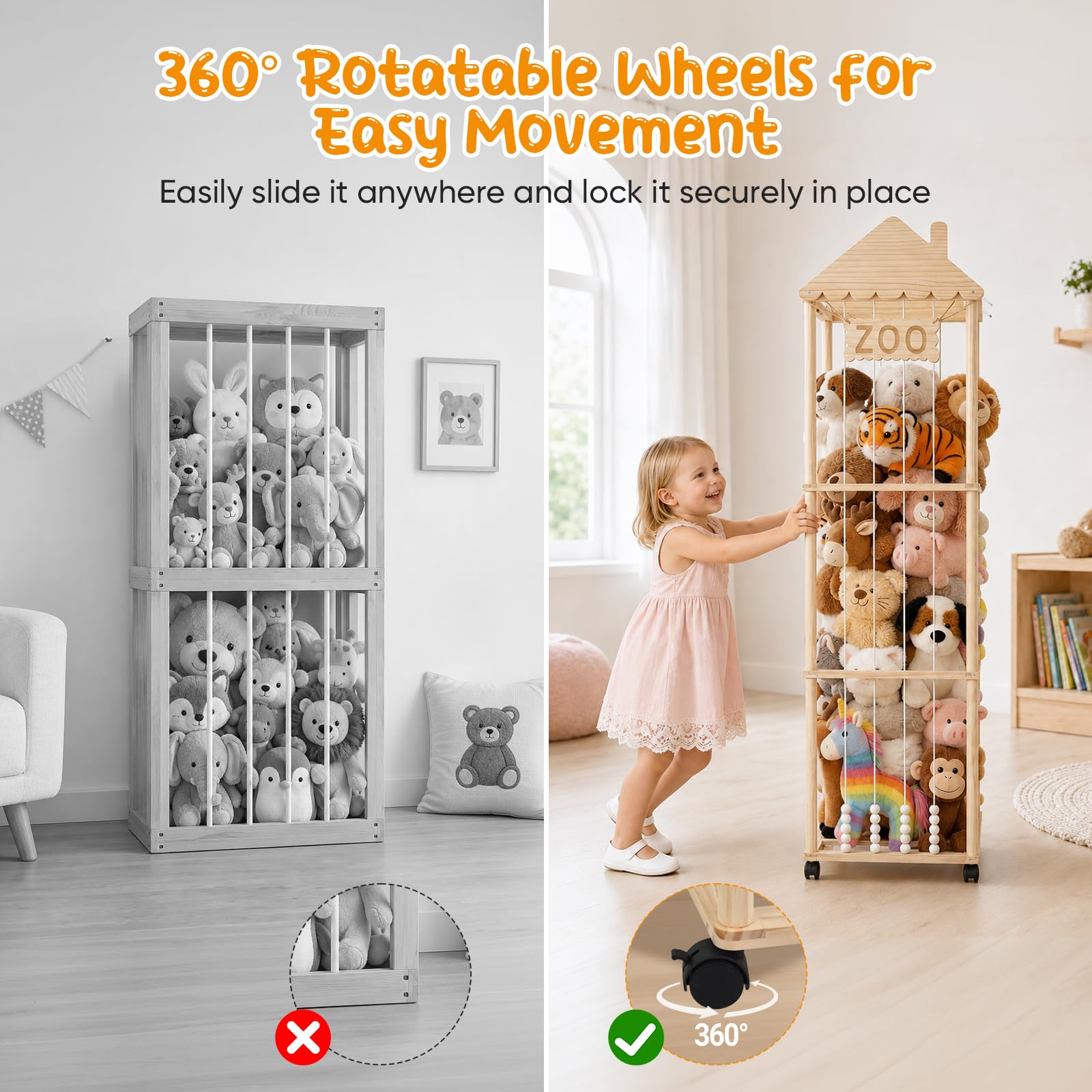 Organizador Peluches,Caja de Almacenamiento para Peluches con Reudas a 360°y Frenos,151x46x46CM Portaositos de Peluche para Habitaciones de Bebés, Dormitorios y Habitaciones Infant (Chimenea)