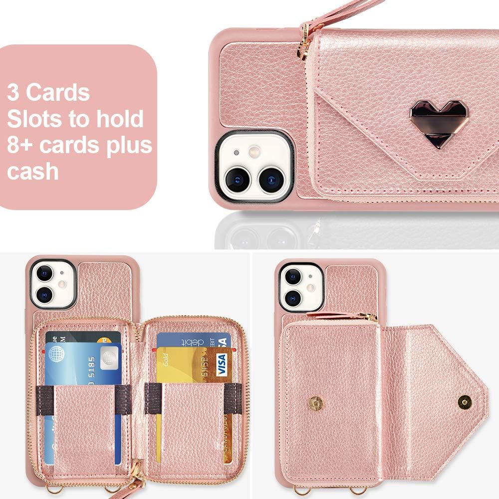 iPhone 12 Mini Wallet Case, 5.4 inch, JLFCH iPhone 12 Mini Crossbody Case with Zipper Credit Card Holder Wrist Strap Lanyard Purse Women Handbag for Apple iPhone 12 Mini (2020), 5.4 inch - Rose Gold
