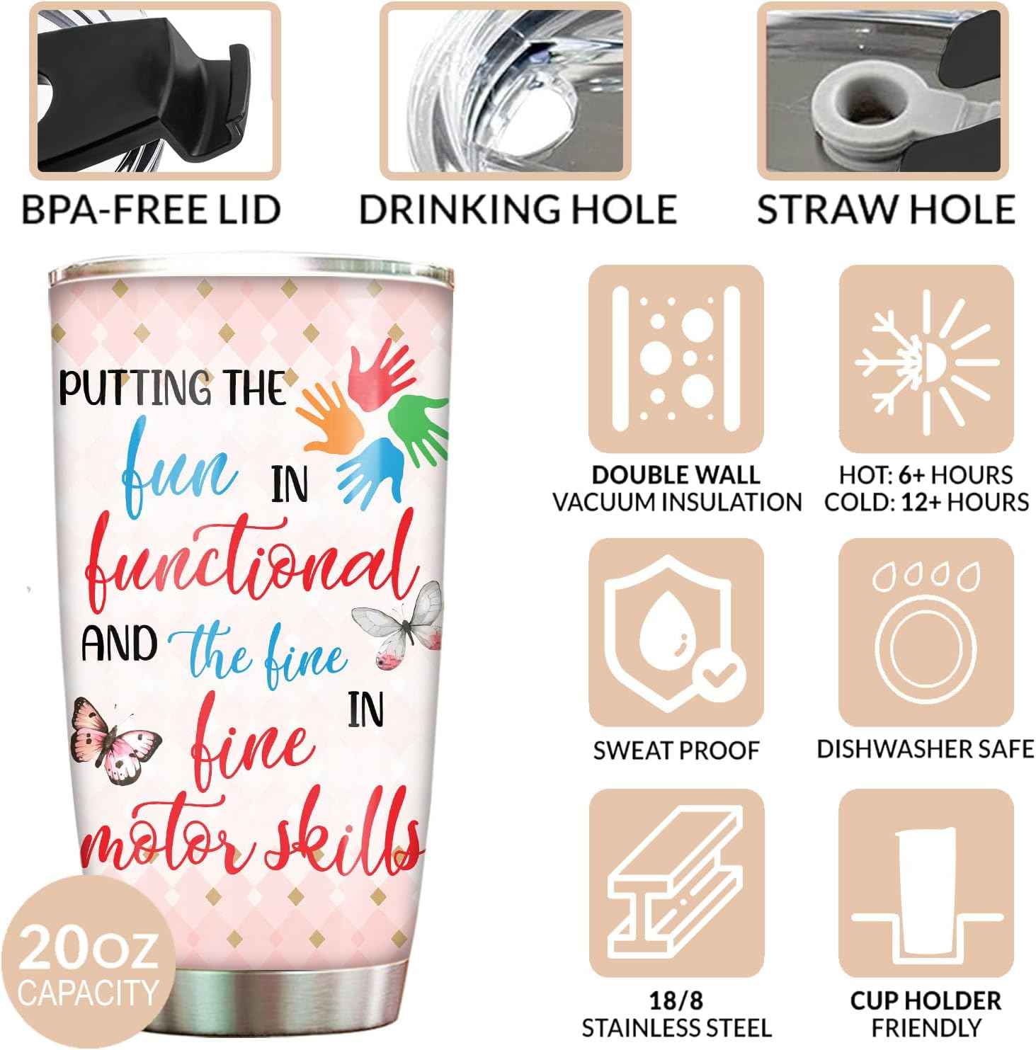 Occupational Therapist Tumbler Stainless Steel 20oz, Putting Fun and Fine OT Gift For Birthday Christmas, OT Gift For Coworker Women Men, World Occupational Therapy Day Tumbler Wrap - Image 3