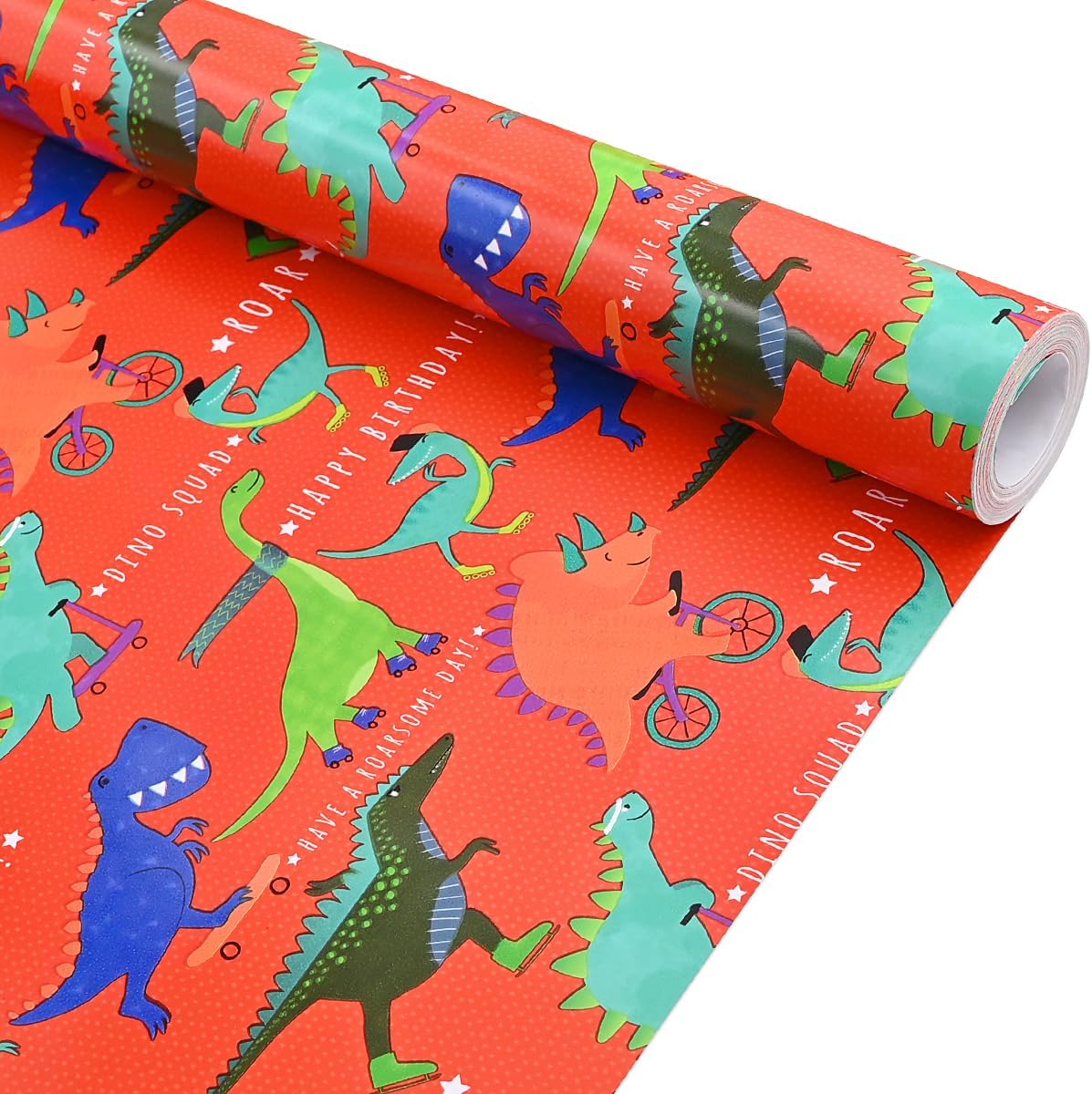 Red Dinosaur Birthday Wrapping Paper Roll  for Children’s Birthday Decoration-