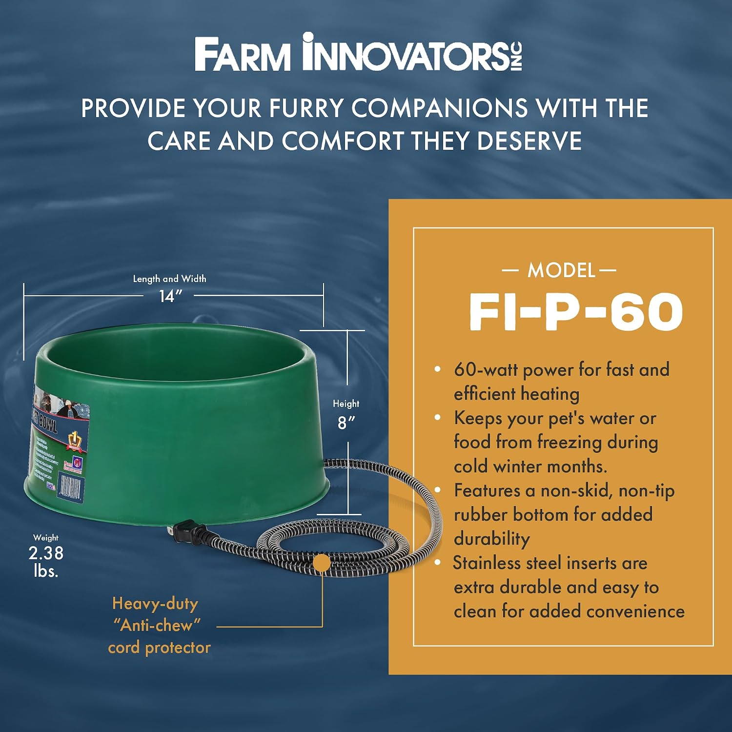Farm Innovators P-60 1.5 Gallon 60 Watt Heated Pet Water Bowl, Thermostatic Control & Anti Chew Cord, Green (4 Pack)