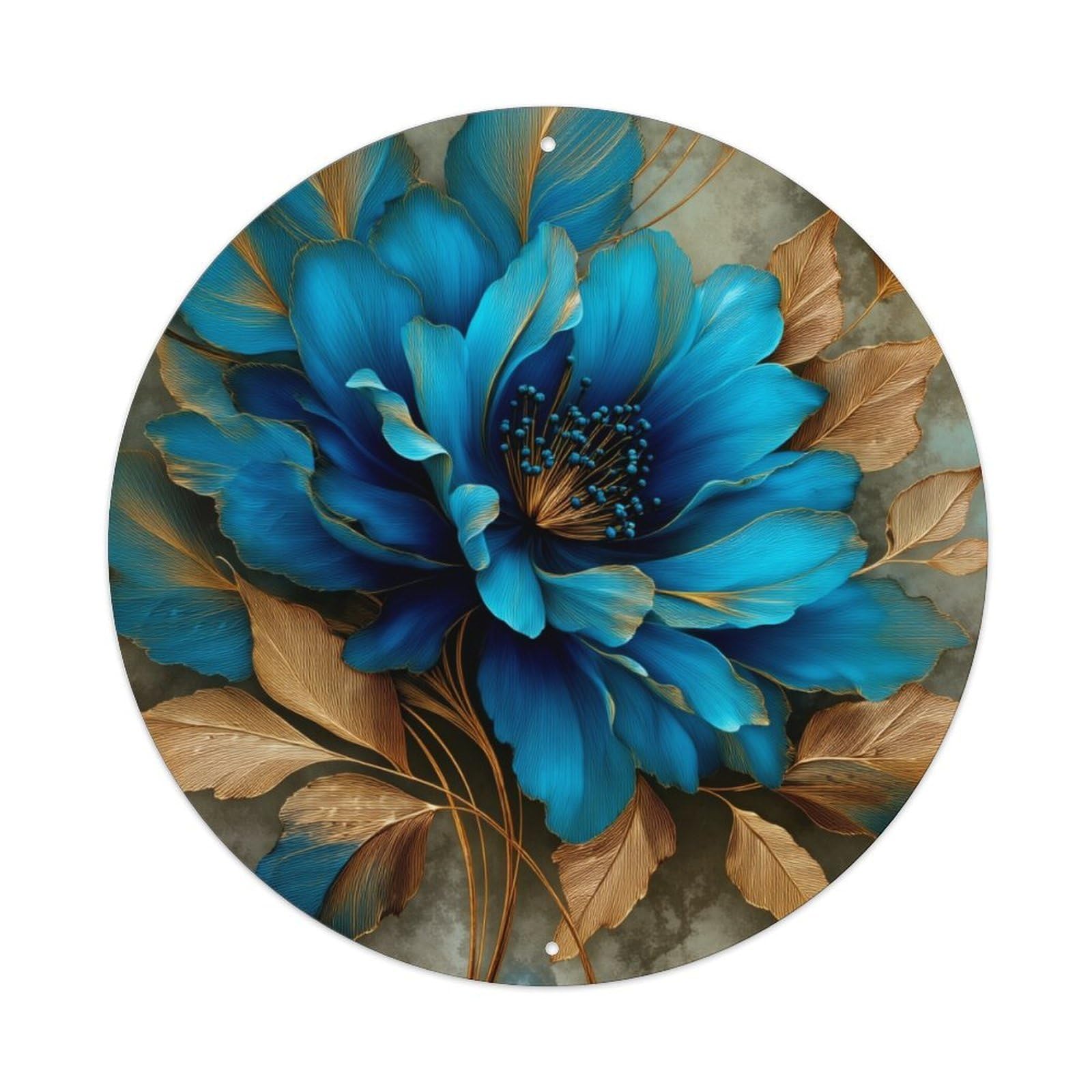 Blue Flower Golden Leaves Art Round Tin Sign Retro Metal Sign for Cafe Bar Pub Home Game Room Gym Club Wall Decoration Vintage Metal Poster 8x8 Inch
