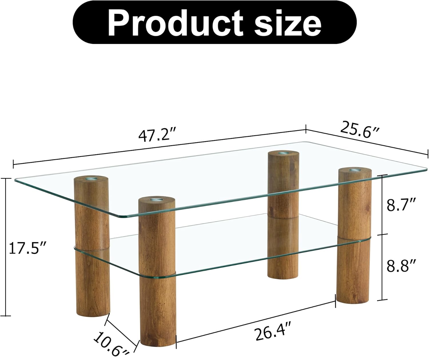 Glass Coffee Table,Rectangular Tea Table with Wooden Column,Modern 2-Tier Cocktail Table/Center Table Suitable for Bedroom,Living Room,Office