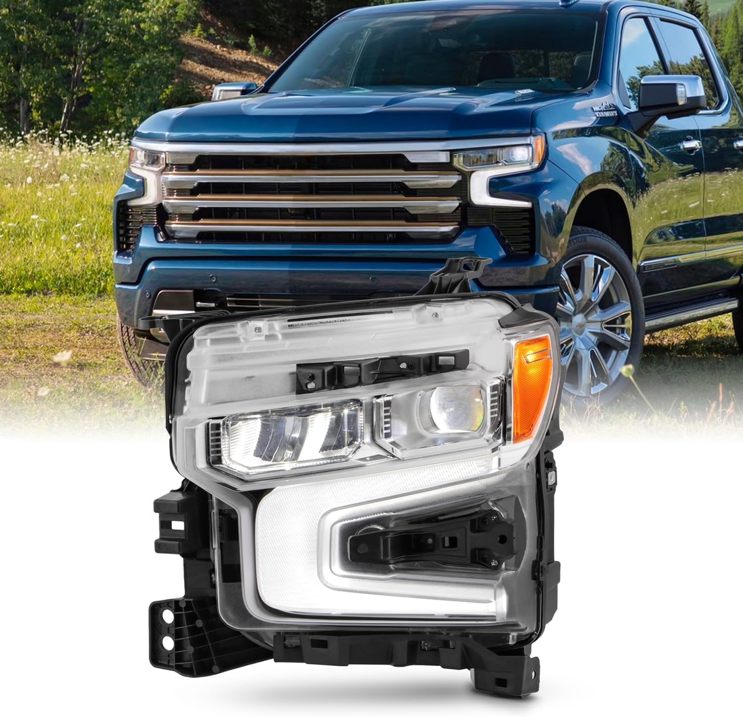 AKKON - Fits 2022-2024 Chevy Silverado 1500 LTZ RST Full LED Projector Chrome Headlights Pair w/DRL Switchback Signal