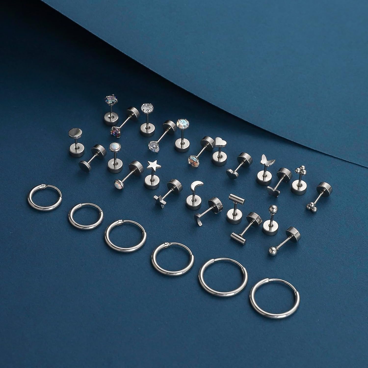 Cristina 15 Pairs Surgical Steel Earrings for Women Men Hypoallergenic Flat Back Earring Small Tiny Opal Ball Star CZ 20G Stud Hoop Earring Sets Flower Screw Back Cartilage Earring - Image 7