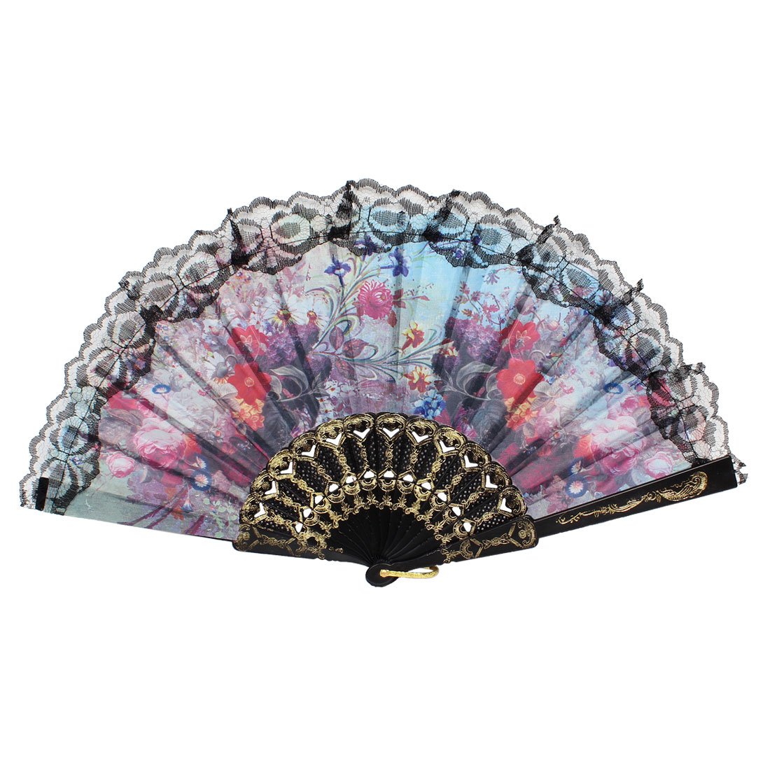 ZHuidjo Plastic Ribs Fabric Leavies Flower Pattern Folding Fan (SN: 79e f92 915 072 ef0)