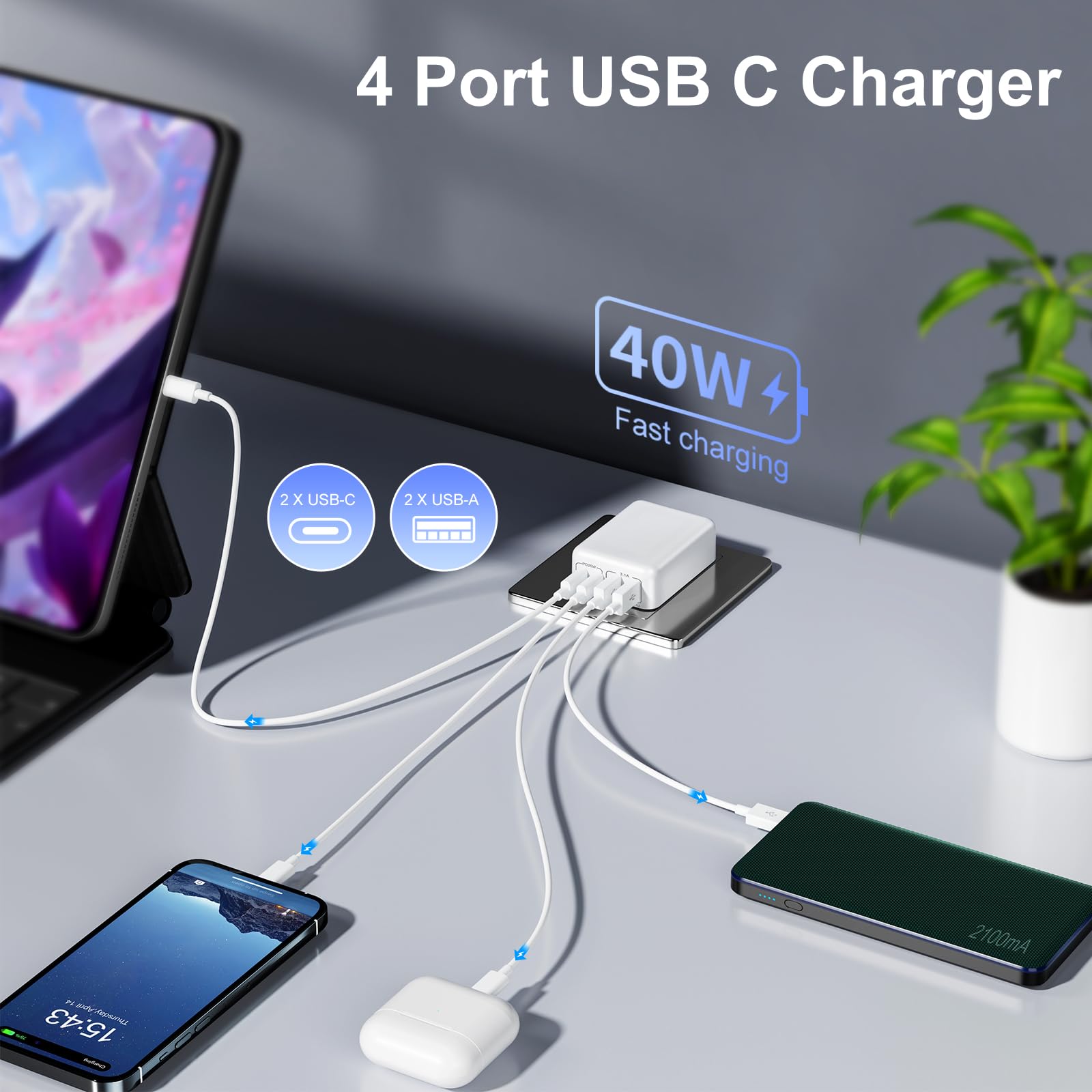 2Pack Flat USB C Wall Charger • 40W Foldable & Slim Fast Charging Block • 4Ports USB C Charger Block Cube Box Compatible with iPhone Samsung, Pixel, Tablets, Multiport Power Adapter USB Plug Brick