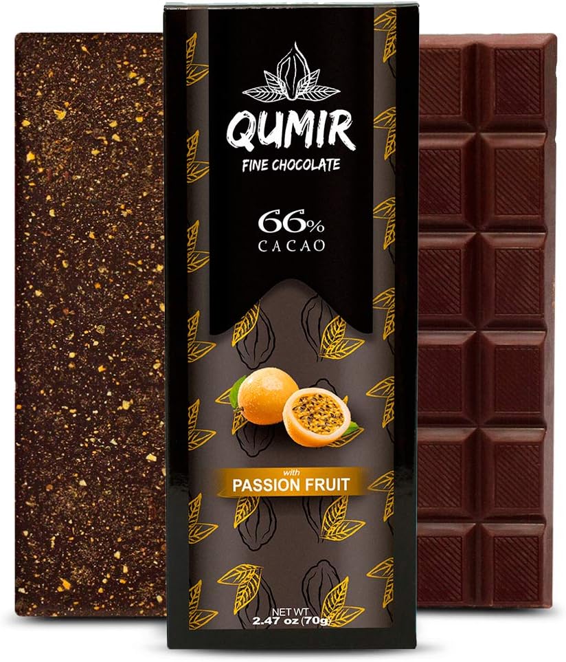 Dark Chocolate Bars by QUMIR | 4 PACK | with Passion Fruit | Organic Ingrredients, Vegan | Amazonian Chocolate | 2.47oz each