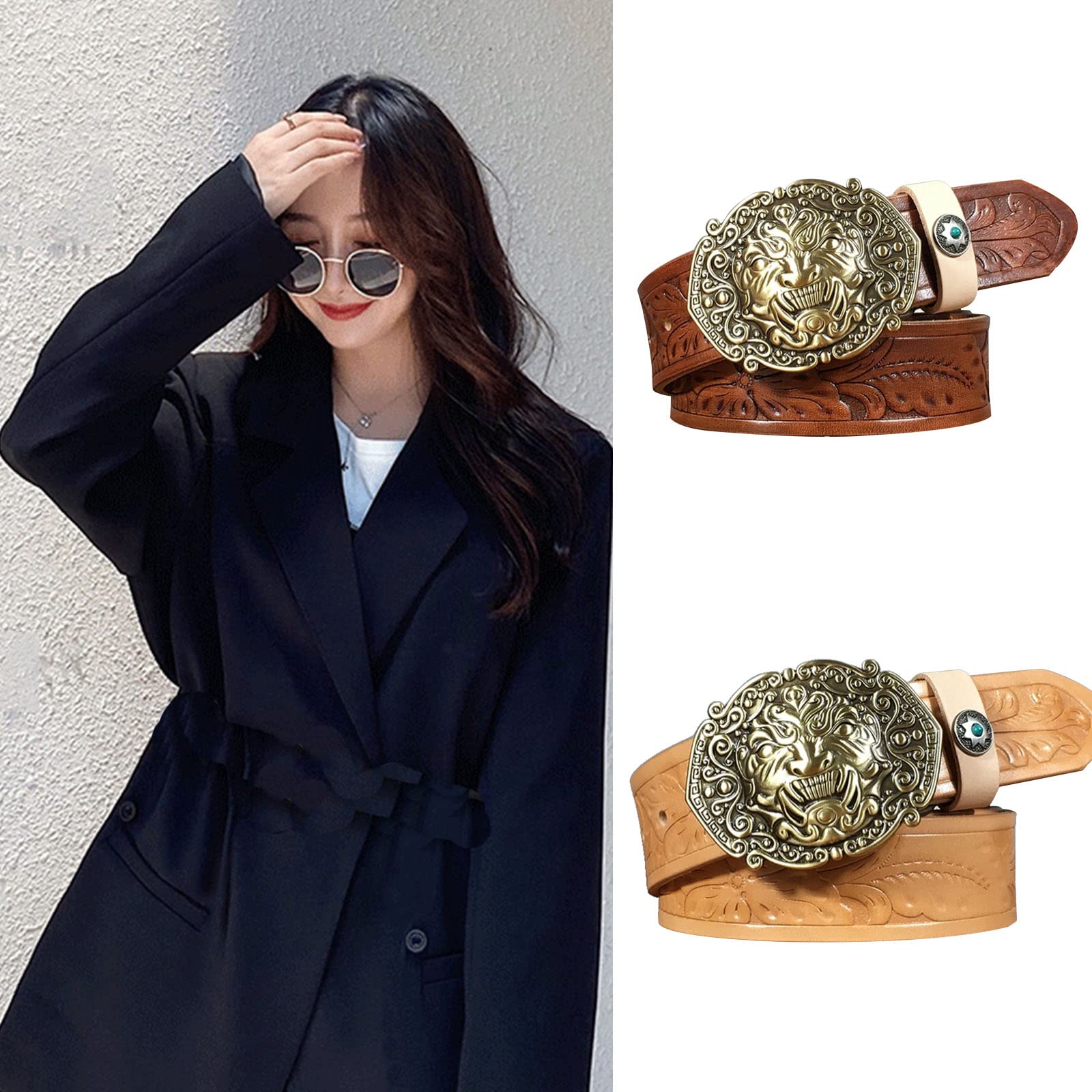 Cinture Da Uomo,Cinture Casual Da Donna Fibbia A Leone Cinture in Pelle Screpolata Con Diamanti Multi Occasione
