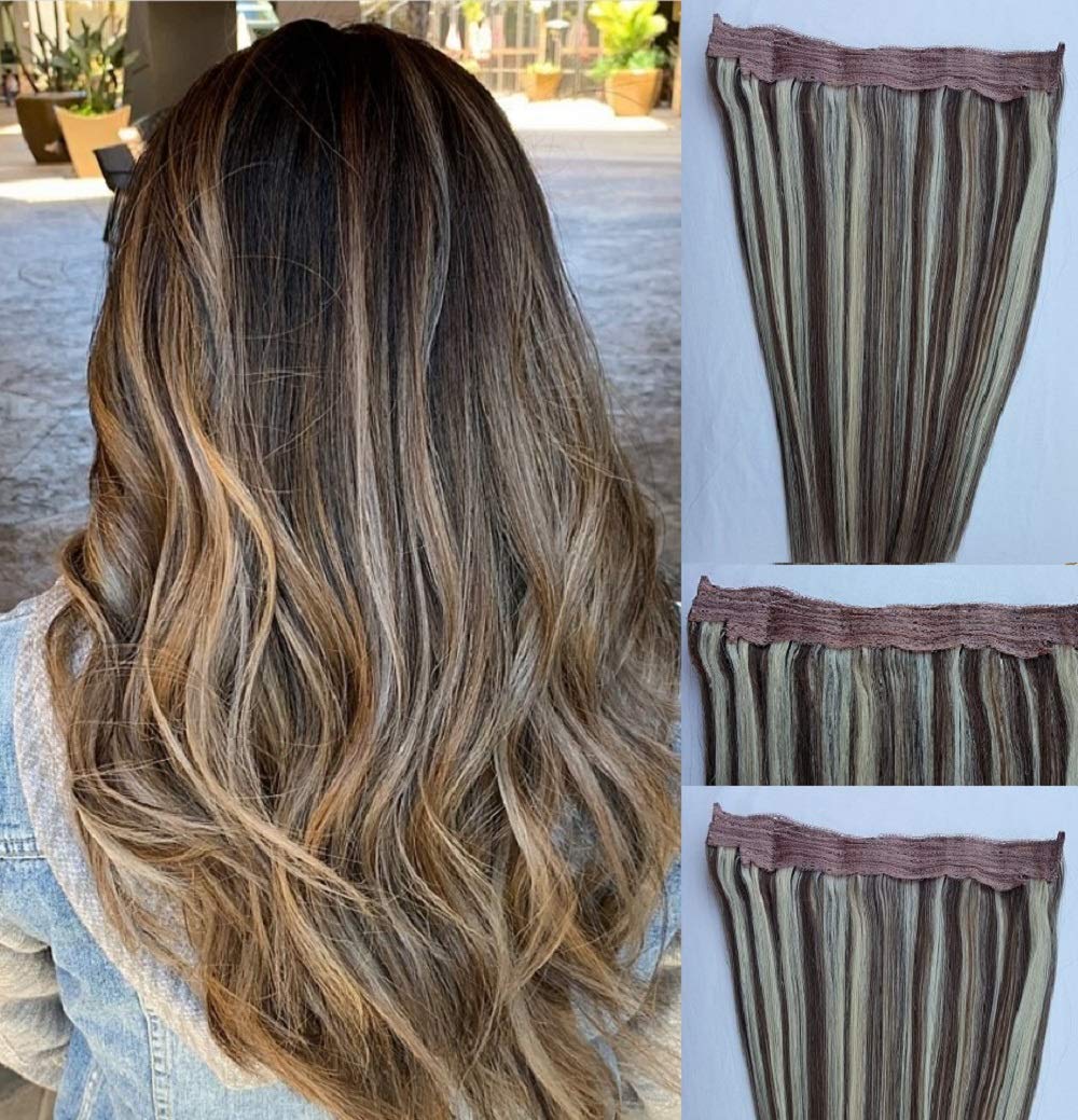 Hair Faux You 100% Human Hair Extensions, Hairband ONE PIECE NO CLIP with an adjustable invisible wire Fishing String # 4/613 Dark Brown with Platinum Blonde (18" 80 grams)