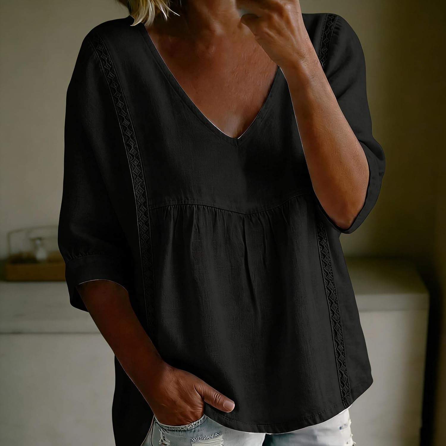 Women's Cotton Linen 3/4 Length Sleeve Blouse V Neck Casual Loose Fit Flowy Top Dressy Shirt Summer Vacation Tunic