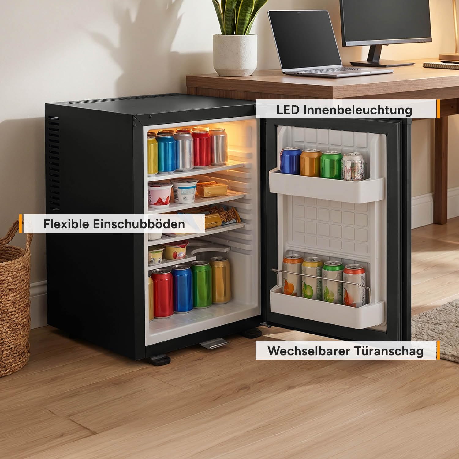 TZS First Austria Mini Kühlschrank 40L lautlos abschließbar Minibar Camping Büro Schlafzimmer Hotel Mattschwarz