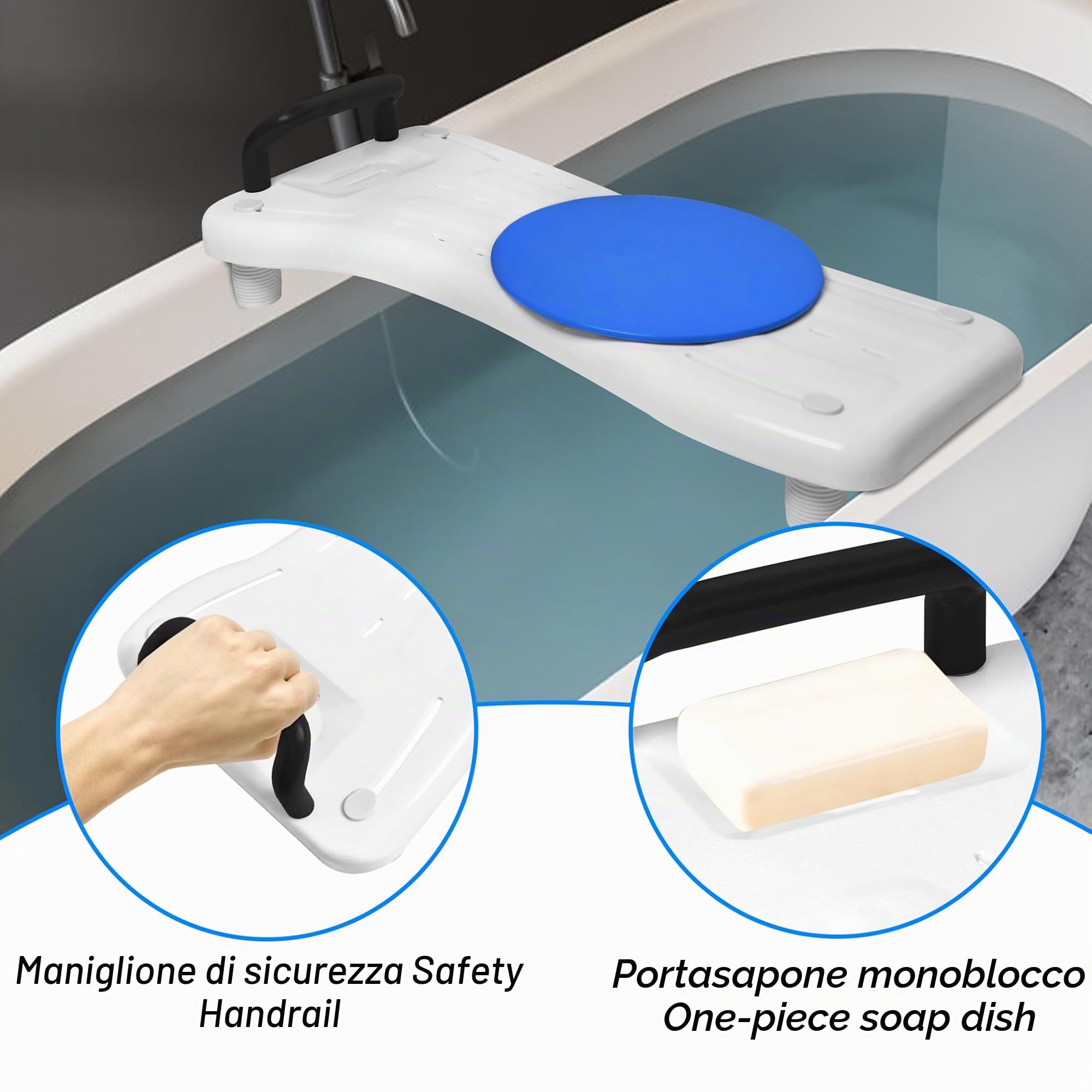 LARS360 Vasca da bagno con piastra girevole, seduta regolabile per anziani con manico nero e ripiano per sapone, carico massimo 150 kg, per vasca da bagno da 41-63 cm, LARS-(HAG1368A)