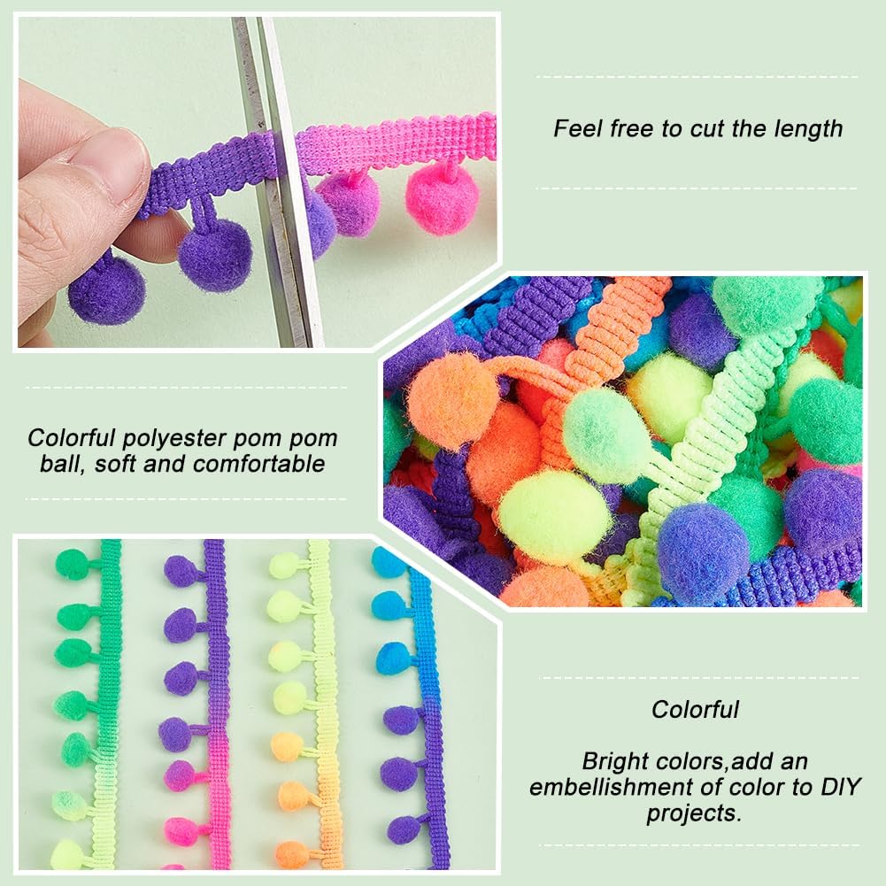 PH PandaHall 20 Yards Pom Pom Trim Rainbow Fringe Ball Trim 1 inch Wide Ball Fringe Ribbon, Garland Ribbon Sewing Tassel Lace for Home Party Decor Clothes Dress DIY Crafts Sewing, 12mm Ball
