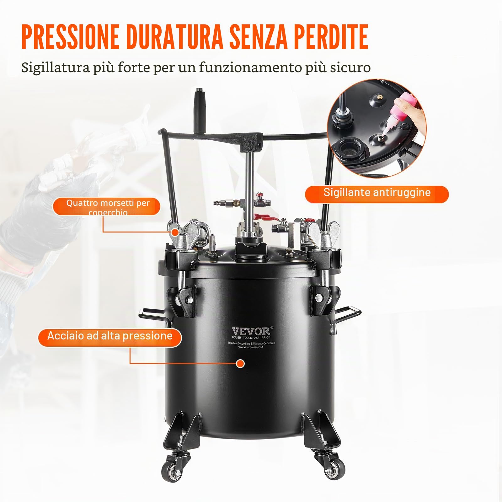 VEVOR Contenitore a Pressione per Vernice Spruzzo, Contenitore a Pressione 20L, Contenitore a Pressione Acciaio a Pressione 70PSI Rulli Sigillante Riparazione, Decorazioni per Pittura Industriale