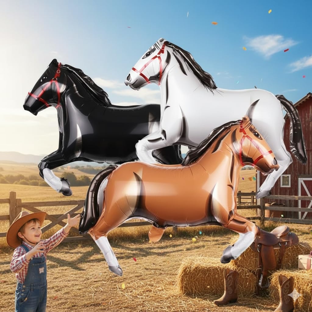 Atpata Funky 3pcs. Horse Foil Balloons (32 x 20 inch) Black White Dark Brown | Cowboy Ranch Stable Barn Farmhouse Derby Animal Theme Birthday Party Decorations-image-25