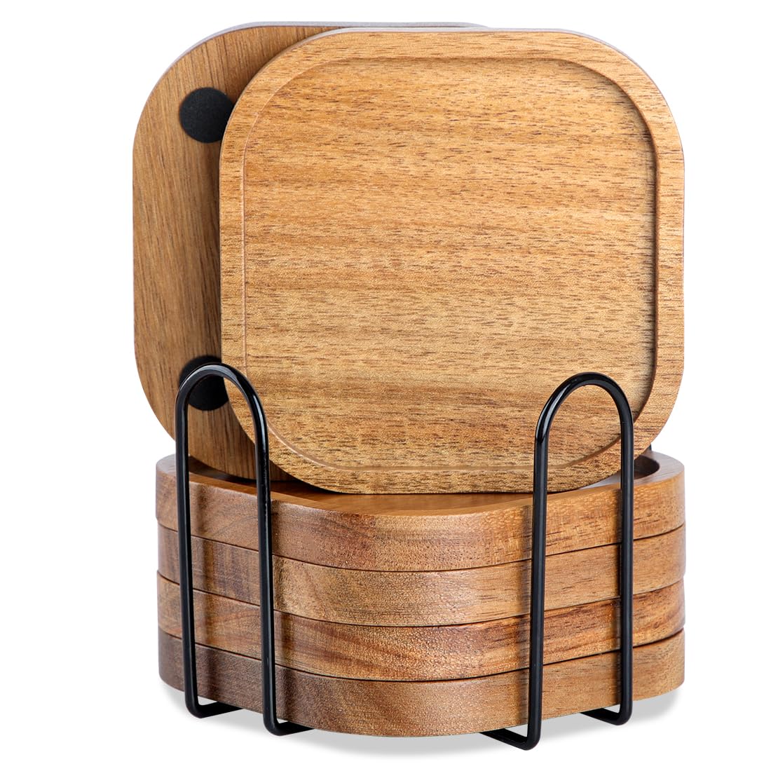 HALE OTEIR Acacia Wood Coasters Set of 6, 3.93 Inch Wooden Drink Coasters with Holder for Glasses, Coffee & Wine, Natural Wood Table Decor for Home Office Coffee Bar Table