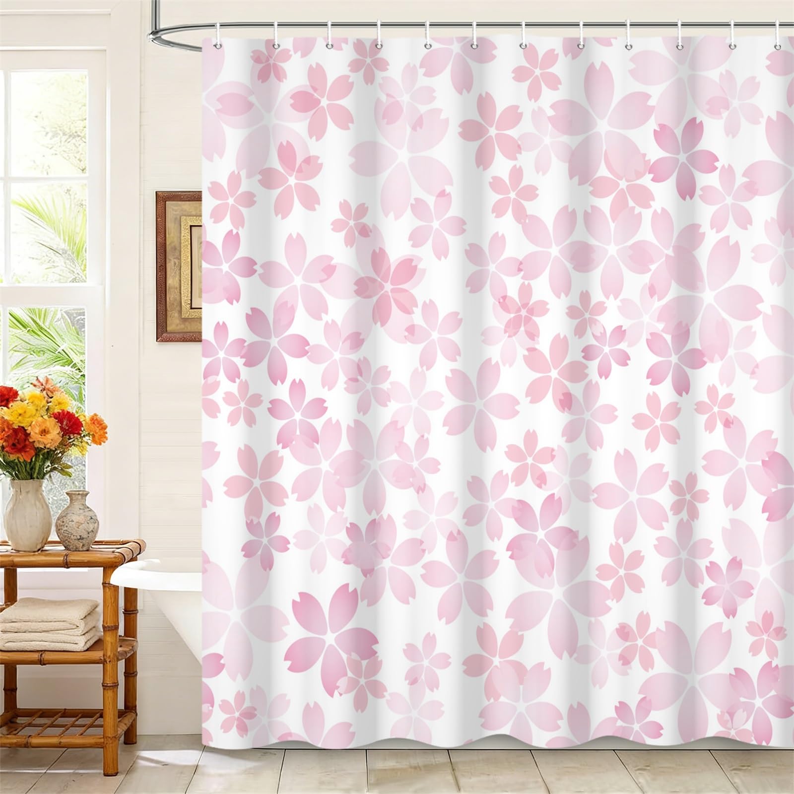 Kzzfqxb 183x213cm Floral Shower Curtains with Plastic Hooks, Romantic Neat Light Pink Cherry Blossom Petals Waterproof Occluded for Bathtub, Elegant Beautiful Polyester Fabric for Girls Bathroom