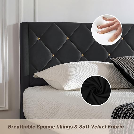 Queen Size Platform Bed Frame with Velvet Headboard, Sturdy Wooden Slats Support, Mattress Foundation, No Box Spring Required, Non-Slip and Noise-Free, Easy Assembly, Black