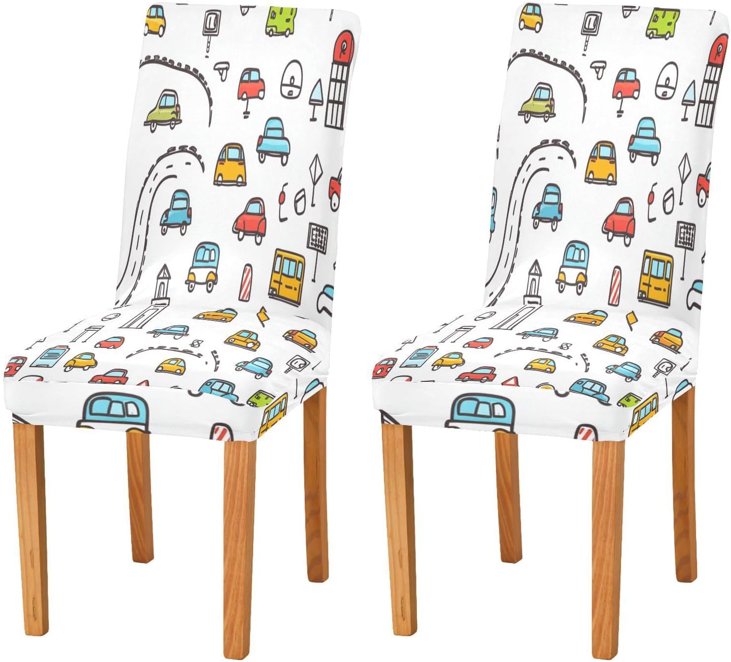 ALAZA Chair Covers for Dining Room, Cartoon Transportation Cars Traffic Signs Stretch Chair Cover Sets Chair Protector Removable Washable for Ktichen Restaurant Hotel