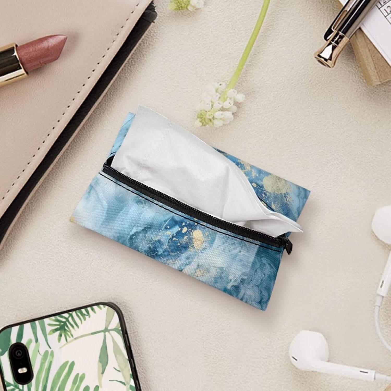 ZDCUSTOM Blue Marble Tissues Purse Pocket Tissue Holder Reusable Travel Pouch Zipper Enclosed Small Light Blue Holder for Purse Coins 5.25 x 3 Inches image 4