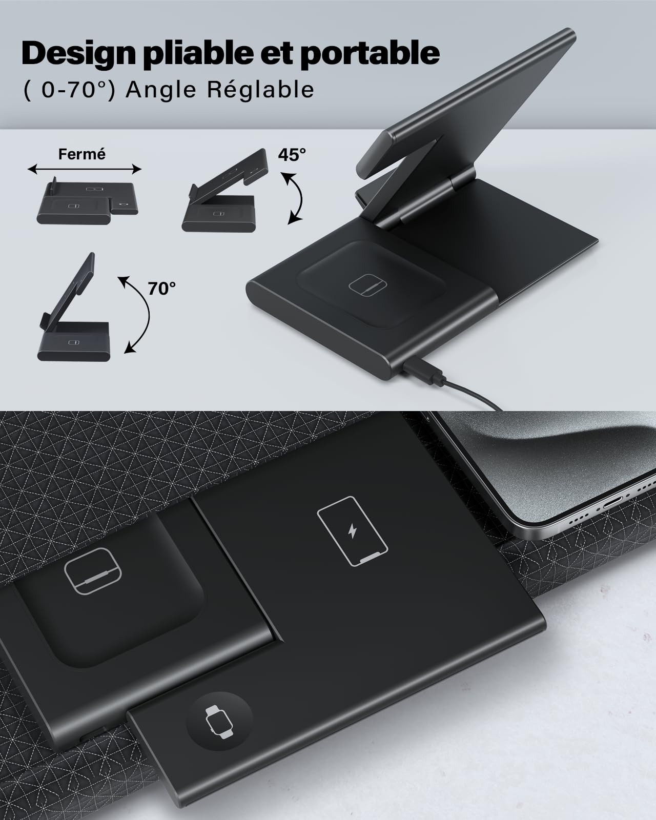 WATOE 3 in 1 Caricatore Wireless Stazione, 18W Ricarica Rapida Wireless Phone Charger Stand per iPhone16 15/14/13/12/11/Pro/Max/XS/XR/X/8/Plus, per Apple Watch 9/8/7/6/SE/5/4/3/2 e per AirPods 3/2/Pro