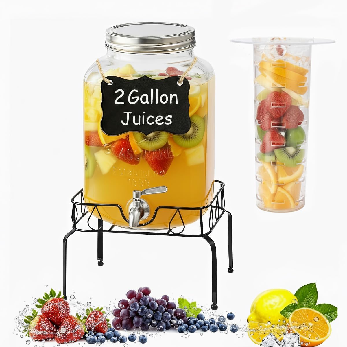 2 Gallon Drink Dispenser for Parties，Glass Beverage Dispenser with Stand and Stainless Steel Spigot，lemonade Dispenser，Clear Drink Dispenser for Outdoor, Weddings and Bar Decoration