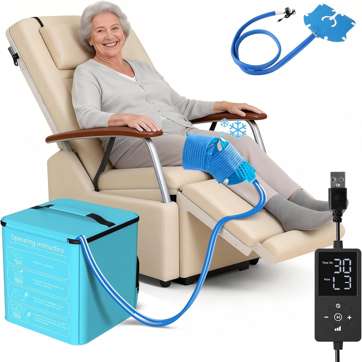 Cold Therapy Machine, Programable Ice Therapy Machine for Knee Replacement, USB Powered, Post-Surgery Recovery, ACL, Pain Relief, for Sports Injuries, Sprains, Reduce Swelling, Knee Pad
