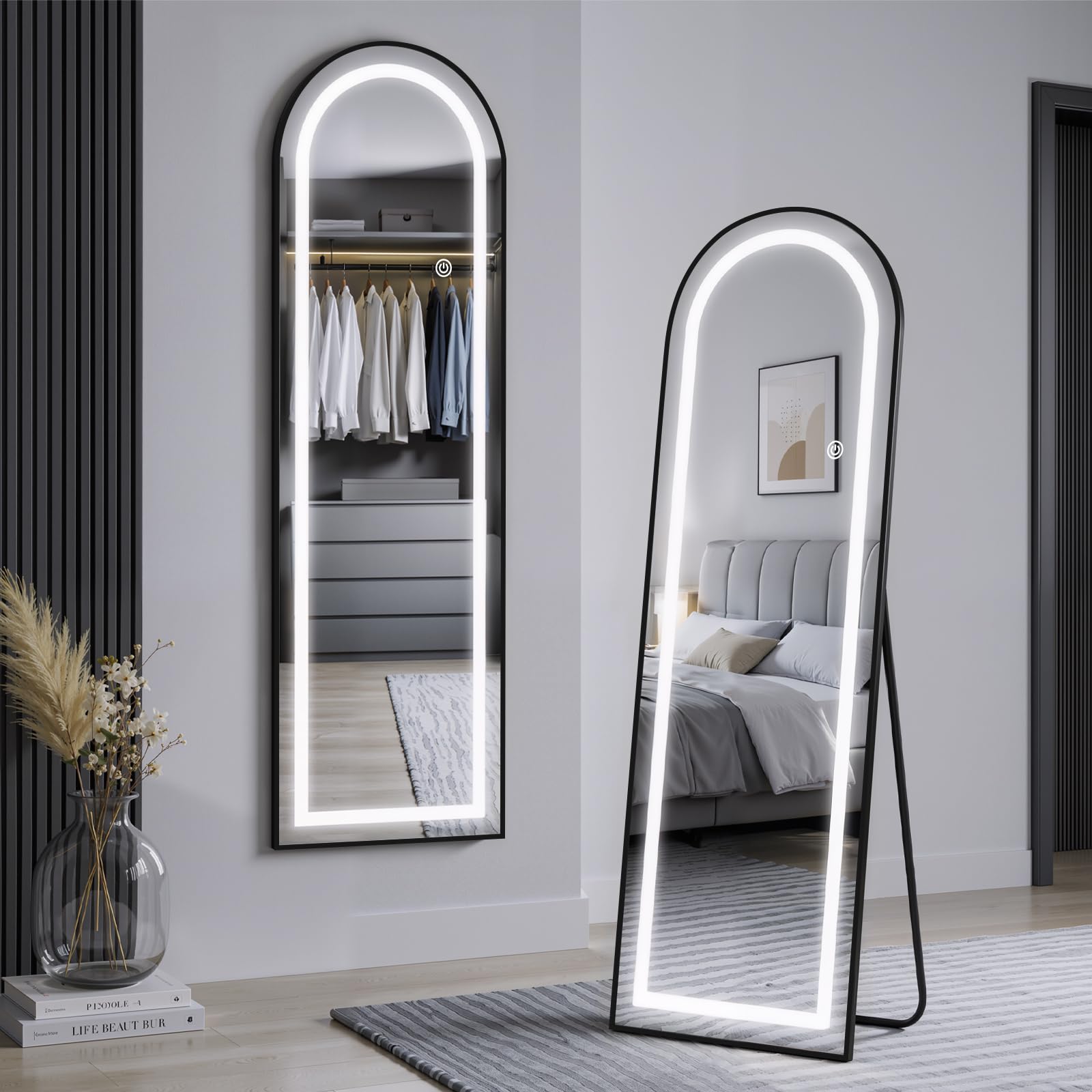 Espejo Cuerpo Completo con Luz,Espejo De Piso, Pared,Ajuste de Brillo,negro | 3 Ajuste de Color de Luz, Instalación En Suelo,espejo para baño,Espejo Para Sala, Recamara,Comedor y Peluquería, Regalo - negro