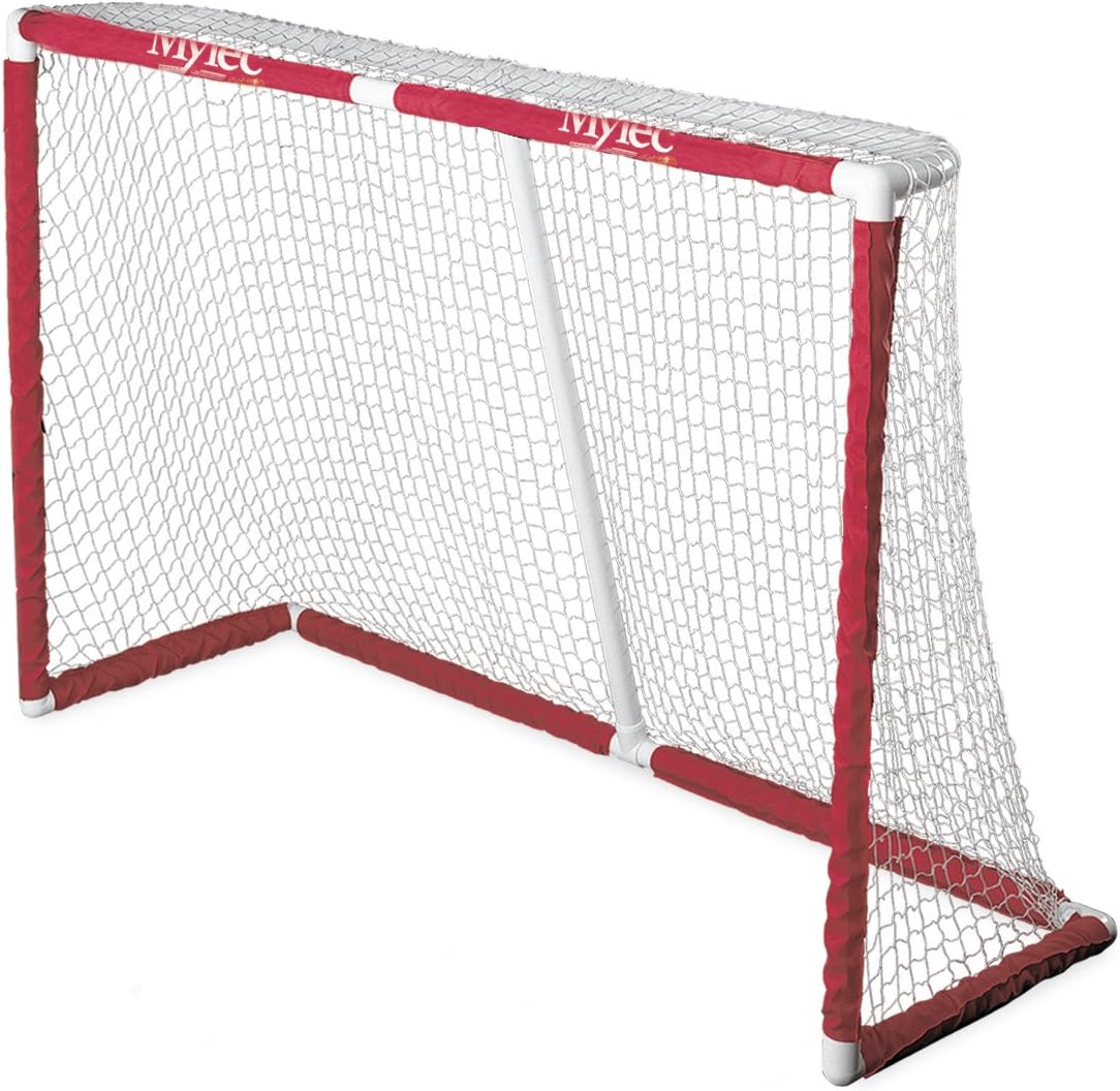 Mylec Official Regulation Sized PVC Hockey Goal for Indoor + Outdoor (6 x 4 Feet), Lightweight & Portable, Sleeve Netting System (Red, 14 Pounds)