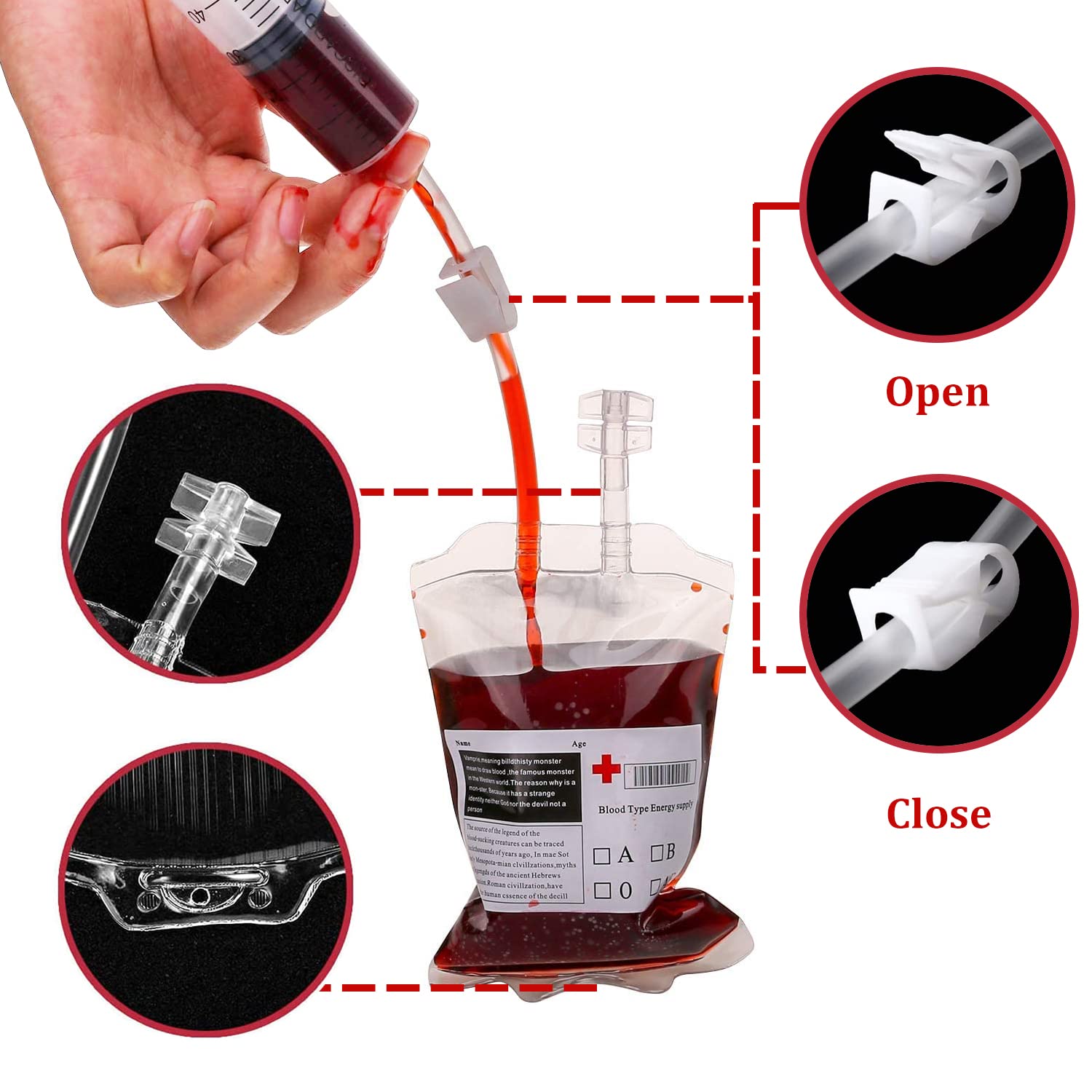 Yabonie 10 Pack Halloween Blood Drinking Bags, Blood Bag with Syringe Clips Blood Type Sticker, Reusable Blood Pouches - Image 2