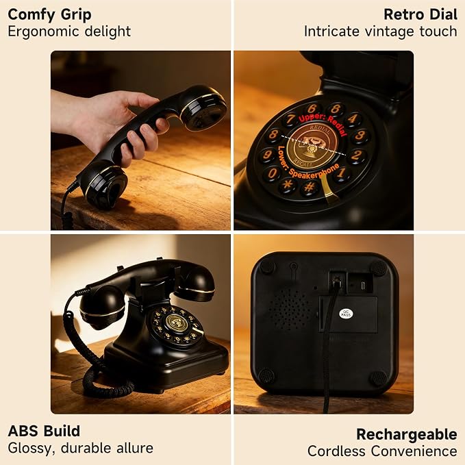 Teléfono fijo inalámbrico Bluetooth retro negro miniatura 5