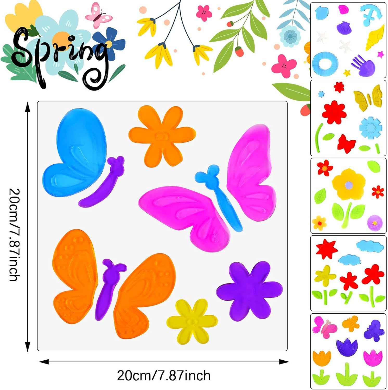 Spring Decor Gel Window Decals Clings Kid's Room Summer Decorations for Home Office Class Anti-Collision Window Clings for Glass Windows Refrigerators Door Holiday Decoration Flowers Butterflies Jelly Window Stickers Gift for Children