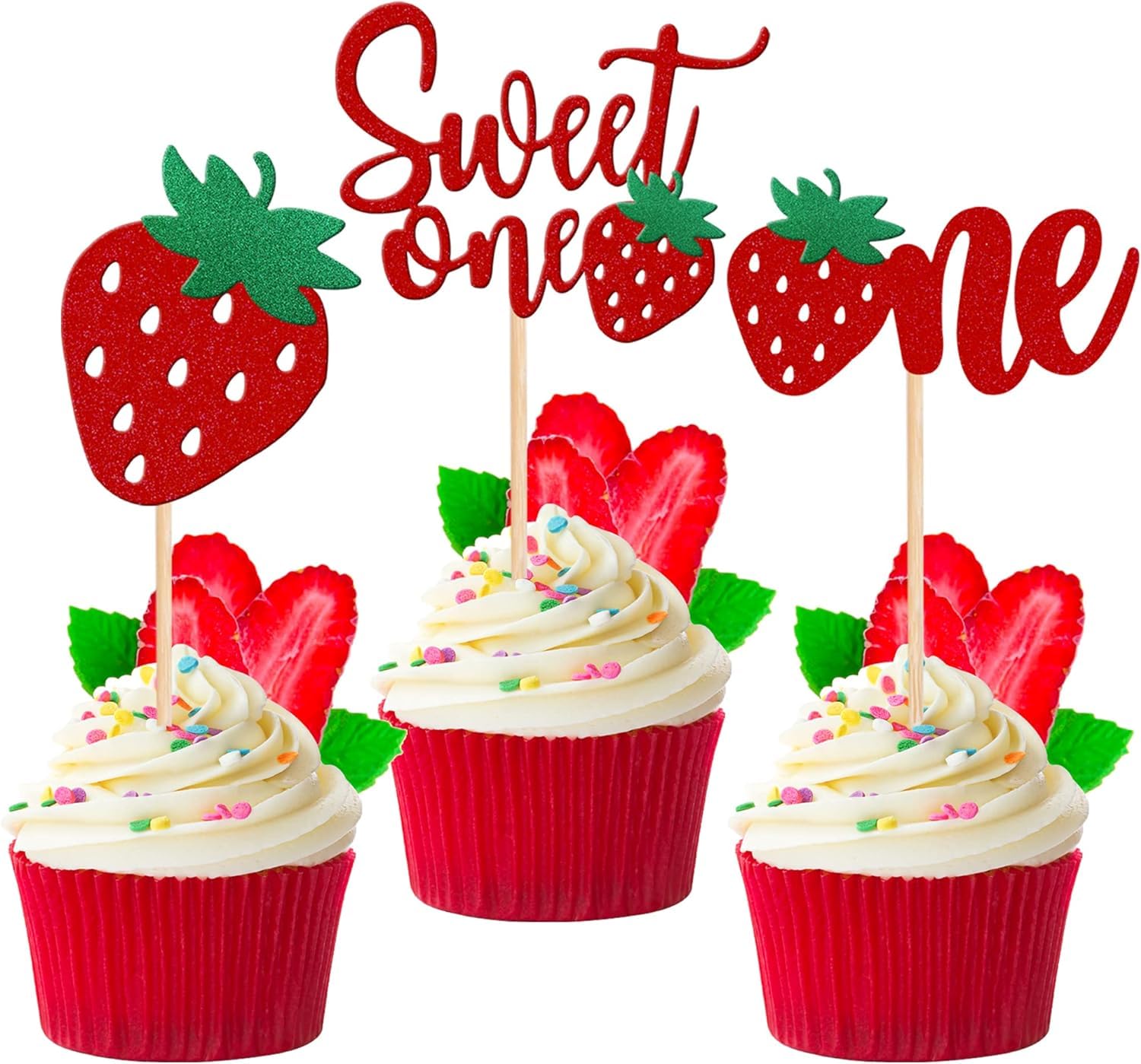 Confetti! 24 PCS Strawberry One Cupcake Toppers Glitter Sweet One First Birthday Strawberry Cupcake Picks for Fruit Theme Baby Shower Kids 1st Birthday Anniversary Party Cake Decorations Supplies