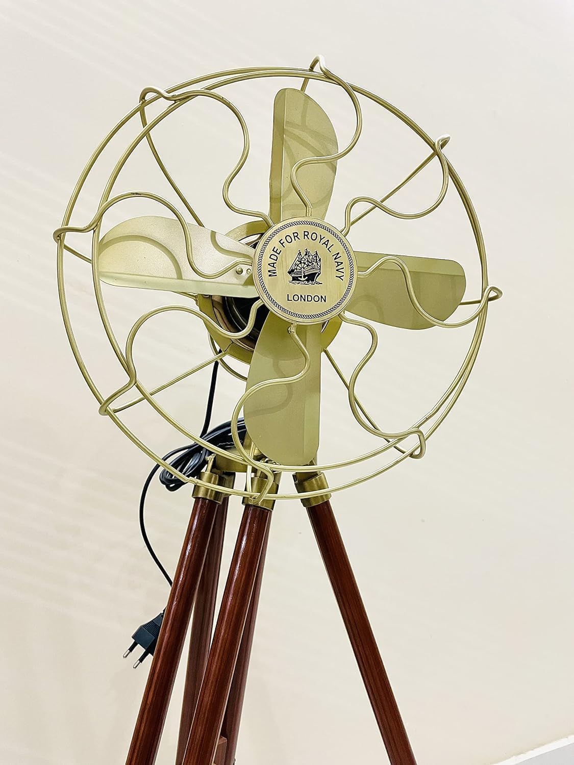 Royal Navy Adjustable Antique Floor Fan With Brown Wooden Tripod Stand.