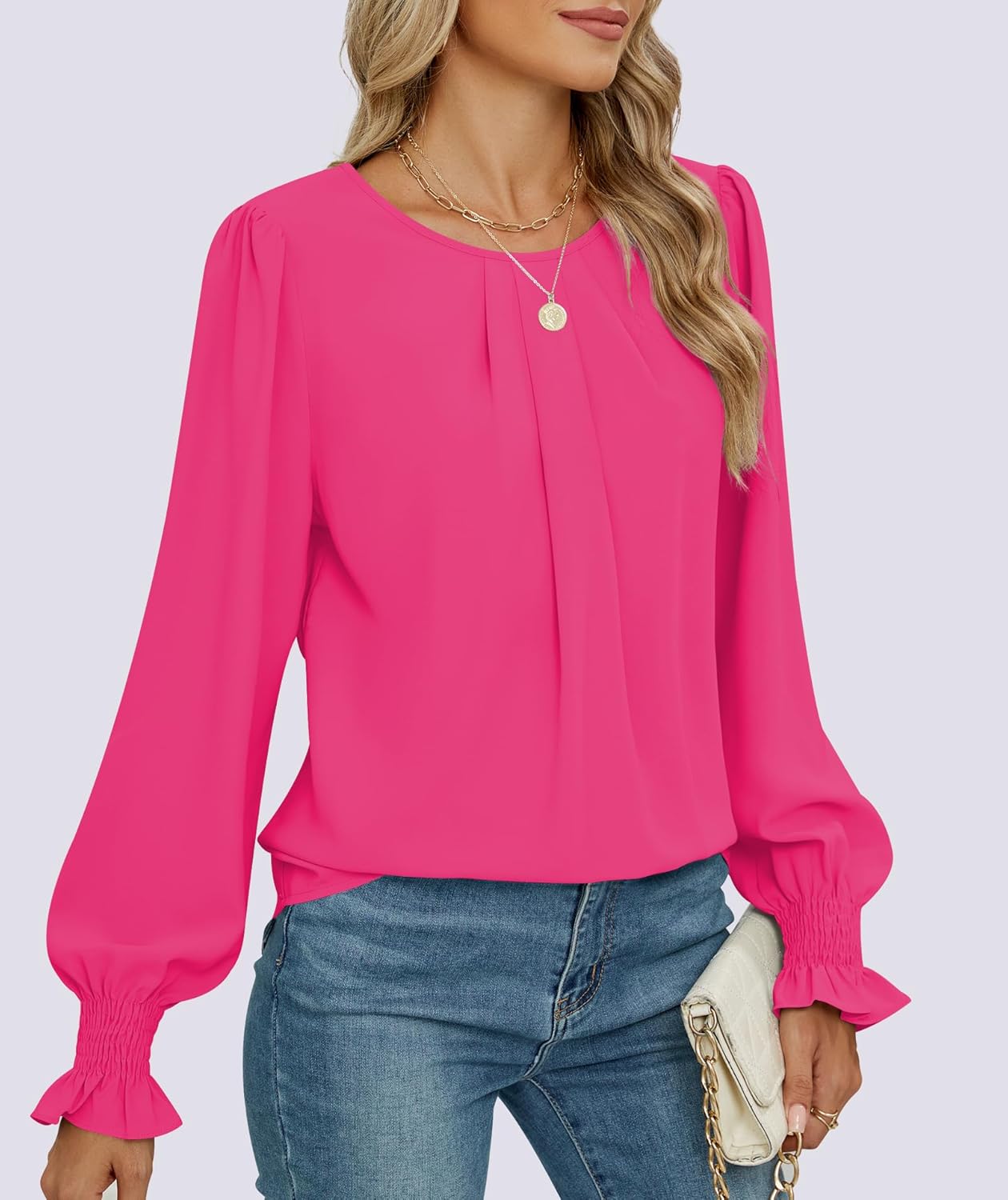 Funlingo Womens Tops Dressy Casual Smocked Long Sleeve Shirts Crew Neck Loose Chiffon Tunics Office Work Blouses - Image 4