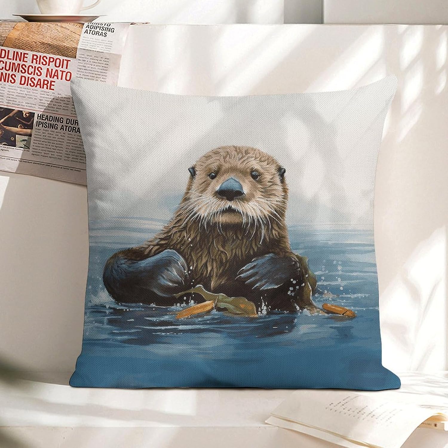 Sea Otter Pillow Protectors Cute Waterproof Pillow Cover Soft Skin-Friendly Cushion Case Decorative Square Cushion Cover for Couch Sofa Bed Living Room Bedroom