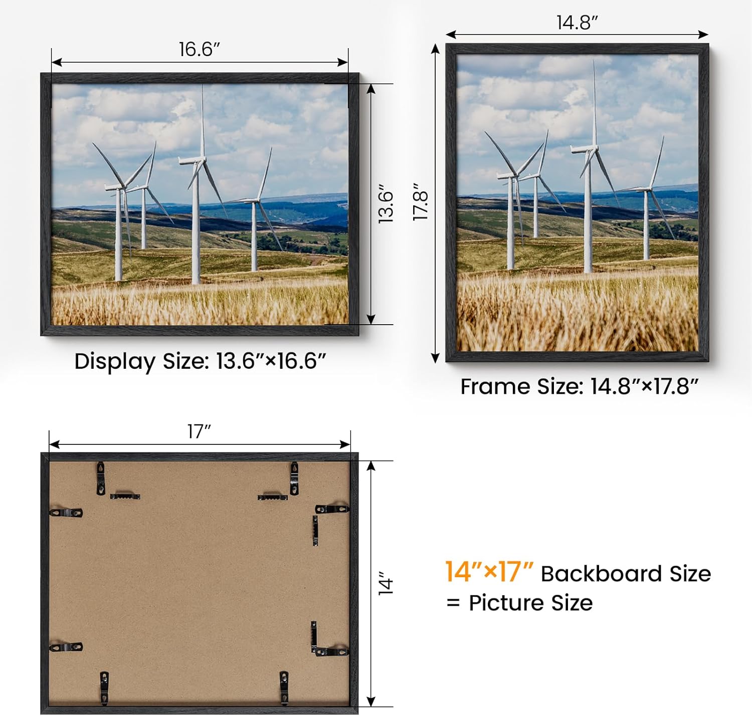 14x17 Picture Frame Oak Wood,14"x17"Black Color Wooden Frames with Tempered Glass,17x14 inch Wall Gallery Poster Frame with No Mat,14 by 17 Frames Horizontal and Vertical for Wall Mounting