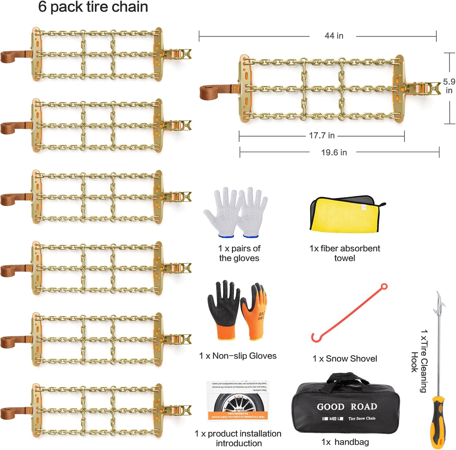 AutoChoice Emergency Snow Chains, Tire Chains with Thickened Manganese Steel for Car Truck SUV in Ice, Sand and Mud(6 Packs, Tire Width 235-285mm)